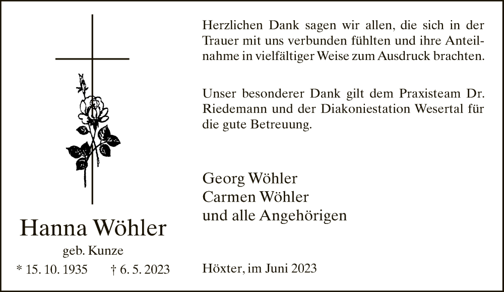  Traueranzeige für Hanna Wöhler vom 03.06.2023 aus Neue Westfälische