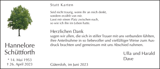 Traueranzeige von Hannelore Schüttforth von Neue Westfälische