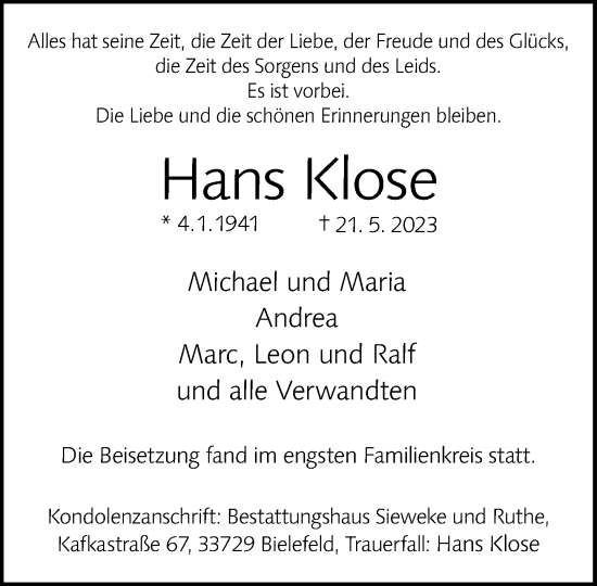 Traueranzeige von Hans Klose von Neue Westfälische