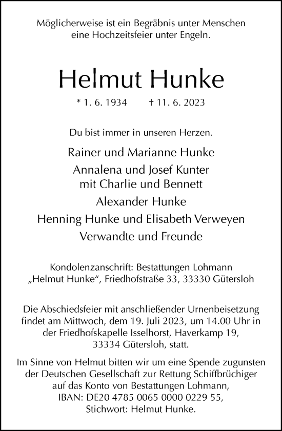 Traueranzeige von Helmut Hunke von Neue Westfälische
