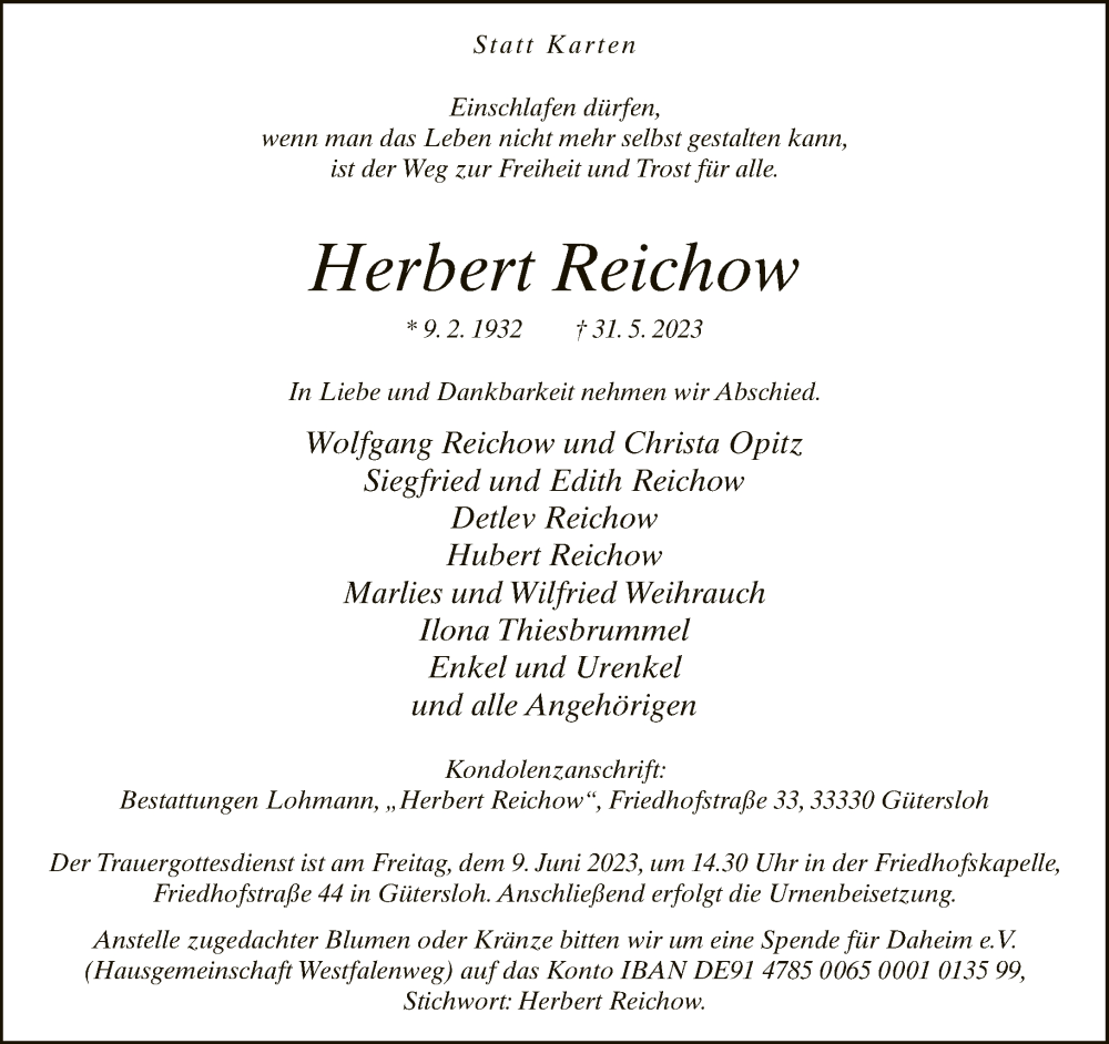  Traueranzeige für Herbert Reichow vom 03.06.2023 aus Neue Westfälische