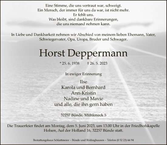 Traueranzeige von Horst Deppermann von Neue Westfälische