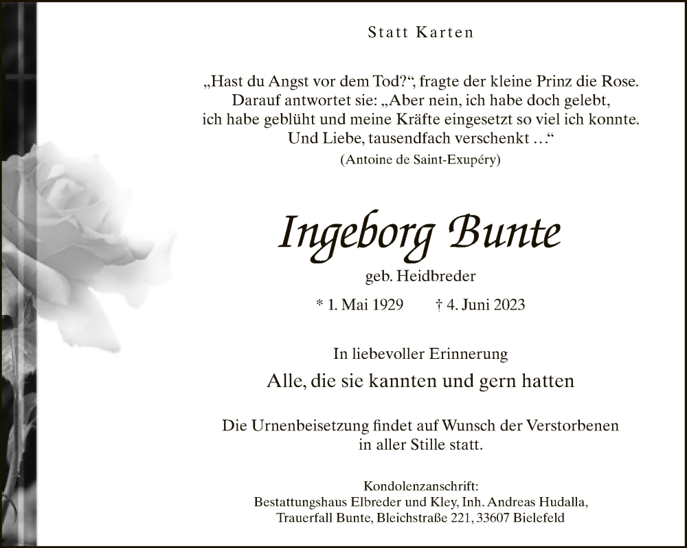  Traueranzeige für Ingeborg Bunte vom 10.06.2023 aus Neue Westfälische