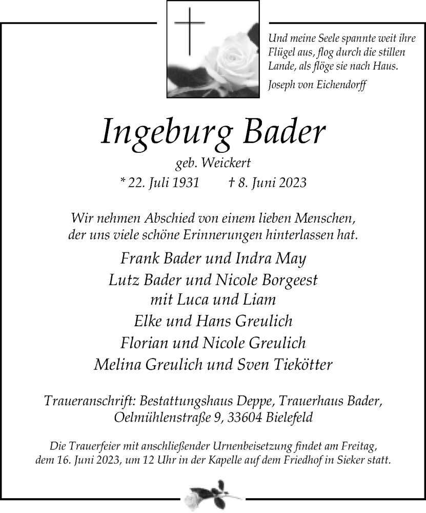  Traueranzeige für Ingeburg Bader vom 10.06.2023 aus Neue Westfälische