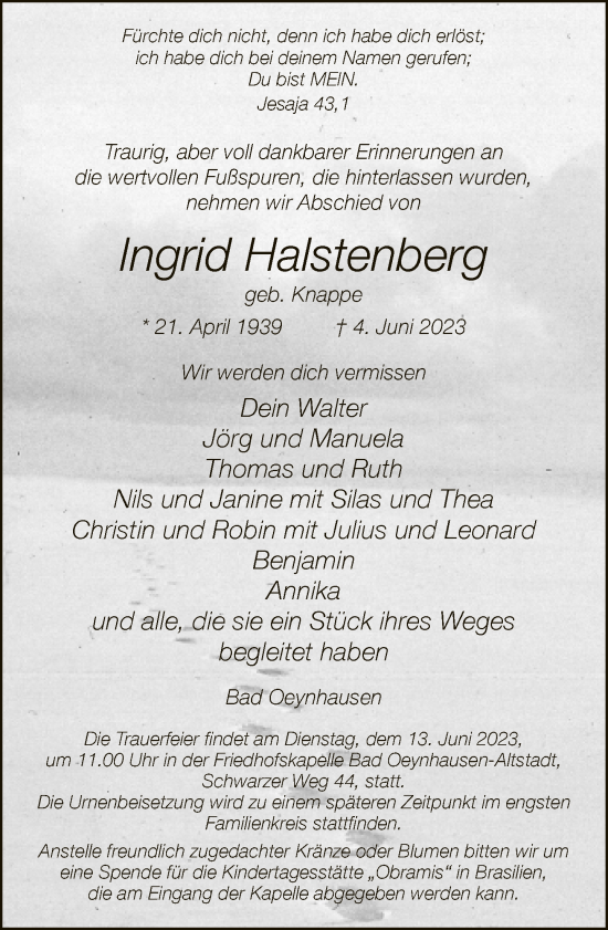 Traueranzeige von Ingrid Halstenberg von Neue Westfälische