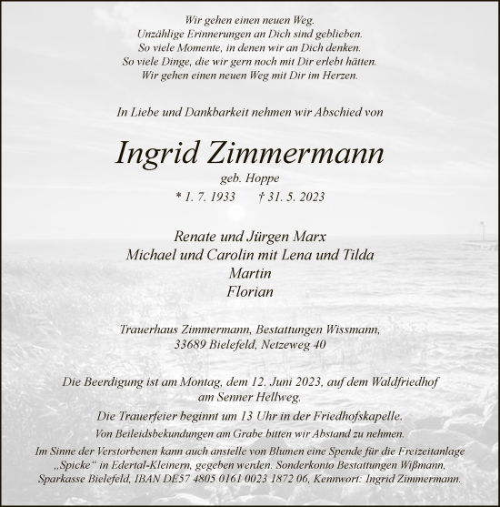 Traueranzeige von Ingrid Zimmermann von Neue Westfälische