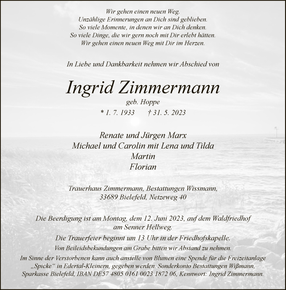  Traueranzeige für Ingrid Zimmermann vom 03.06.2023 aus Neue Westfälische
