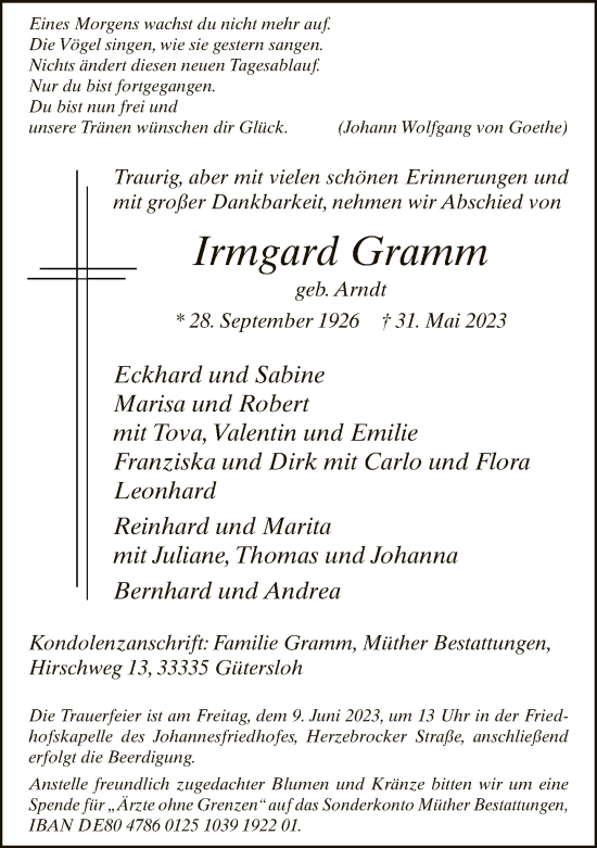 Traueranzeige von Irmgard Gramm von Neue Westfälische