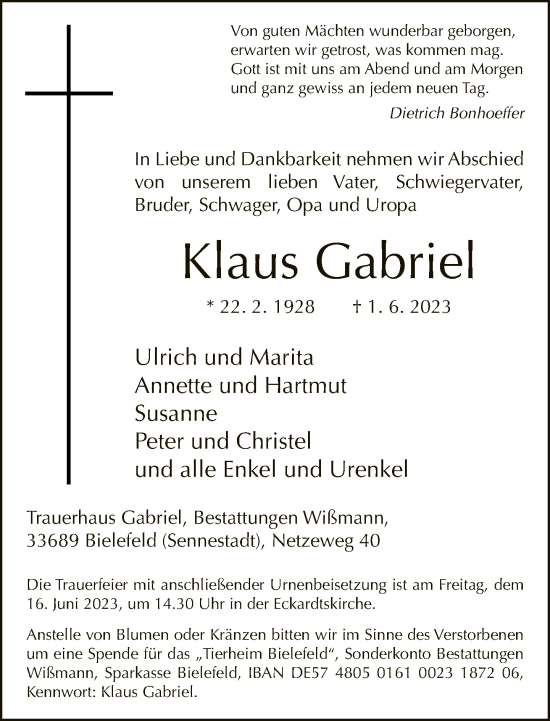 Traueranzeige von Klaus Gabriel von Neue Westfälische