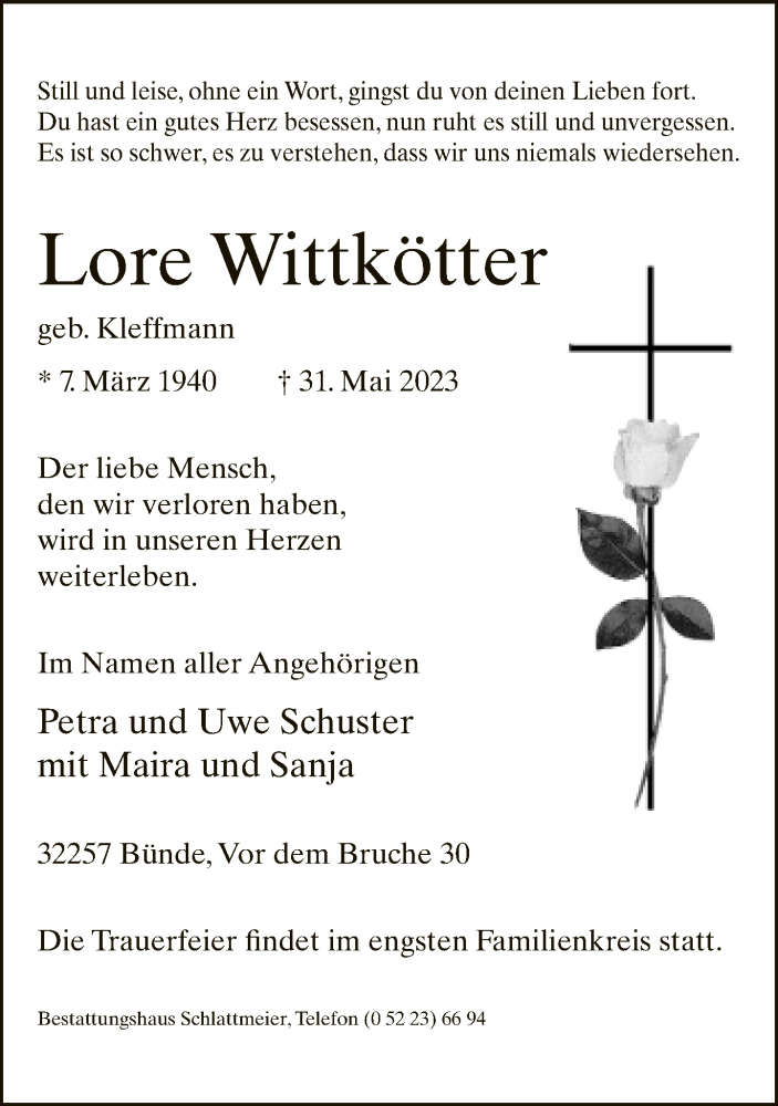  Traueranzeige für Lore Wittkötter vom 03.06.2023 aus Neue Westfälische