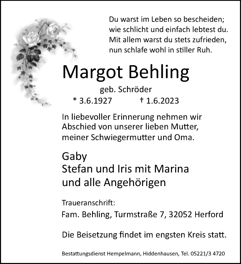 Traueranzeige für Margot Behling vom 10.06.2023 aus Neue Westfälische