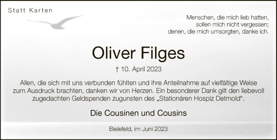 Traueranzeige von Oliver Filges von Neue Westfälische