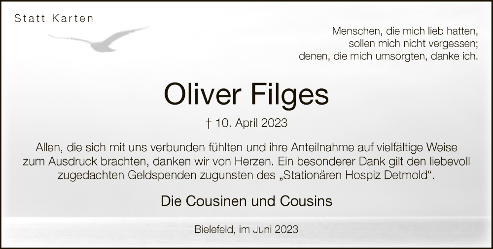  Traueranzeige für Oliver Filges vom 10.06.2023 aus Neue Westfälische
