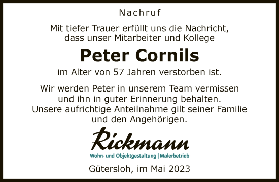 Traueranzeige von Peter Cornils von Neue Westfälische