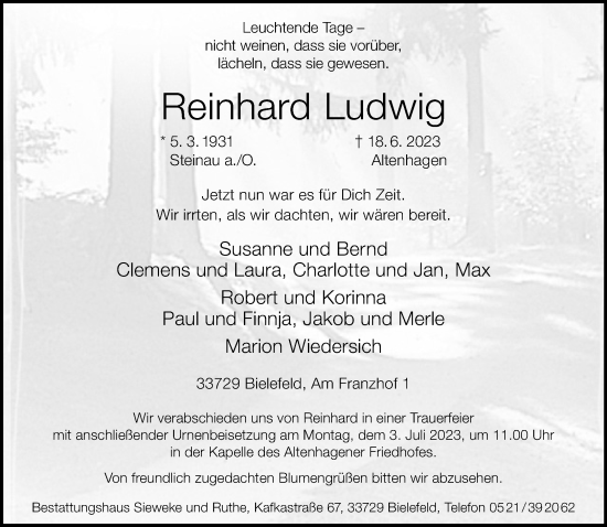 Traueranzeige von Reinhard Ludwig von Neue Westfälische