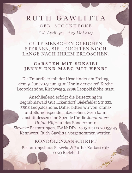 Traueranzeige von Ruth Gawlitta von Neue Westfälische