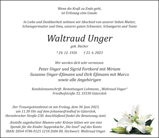 Traueranzeige von Waltraud Unger von Neue Westfälische