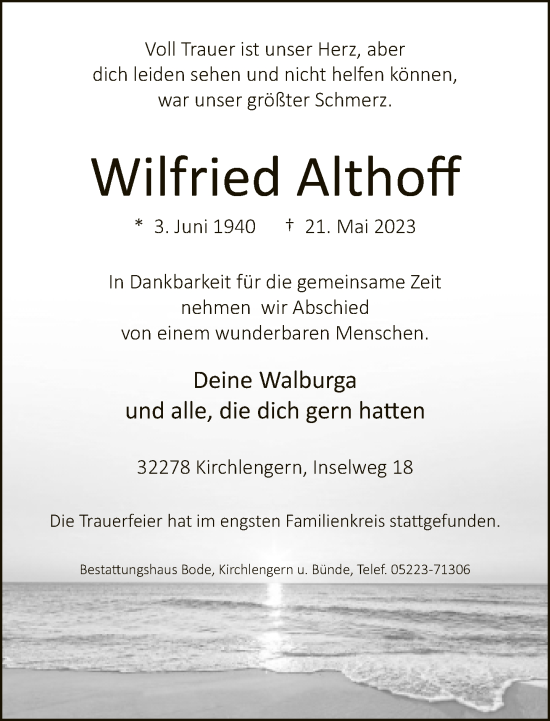 Traueranzeige von Wilfried Althoff von Neue Westfälische
