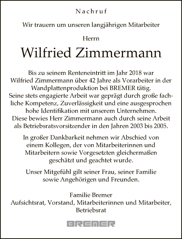  Traueranzeige für Wilfried Zimmermann vom 03.06.2023 aus Neue Westfälische