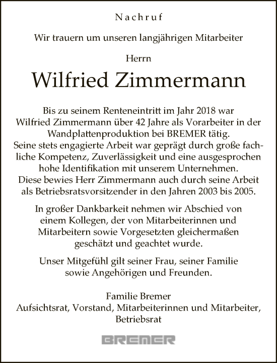 Traueranzeige von Wilfried Zimmermann von Neue Westfälische