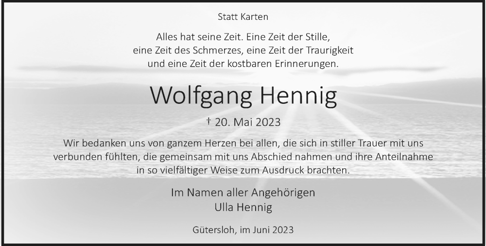  Traueranzeige für Wolfgang Hennig vom 14.06.2023 aus Neue Westfälische