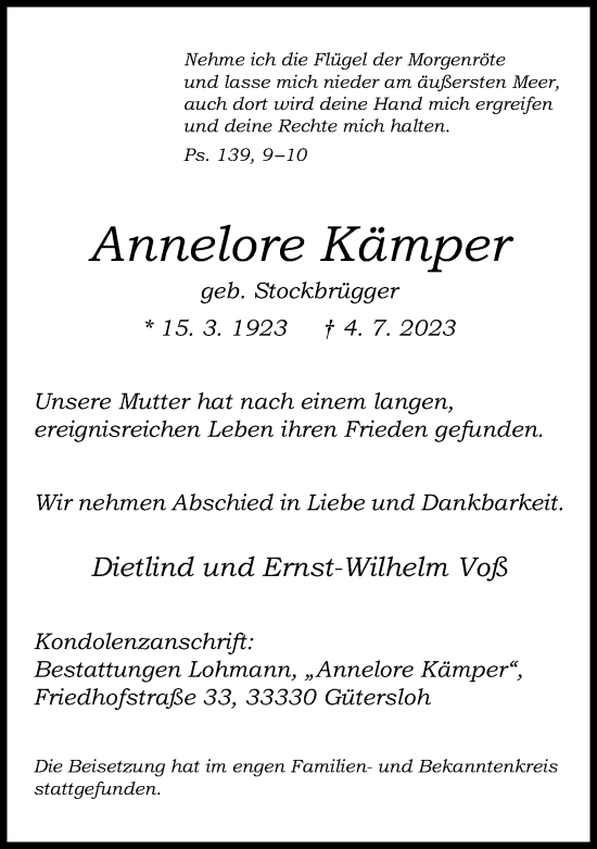 Traueranzeige von Annelore Kämper von Neue Westfälische