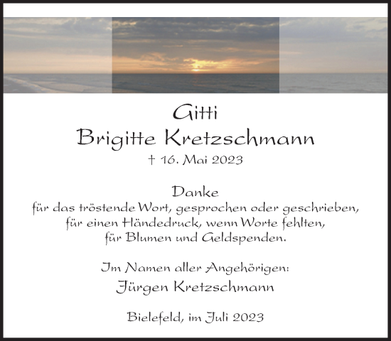 Traueranzeige von Brigitte Kretzschmann von Neue Westfälische