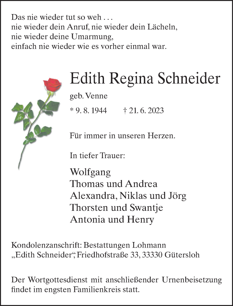  Traueranzeige für Edith Regina Schneider vom 01.07.2023 aus Neue Westfälische