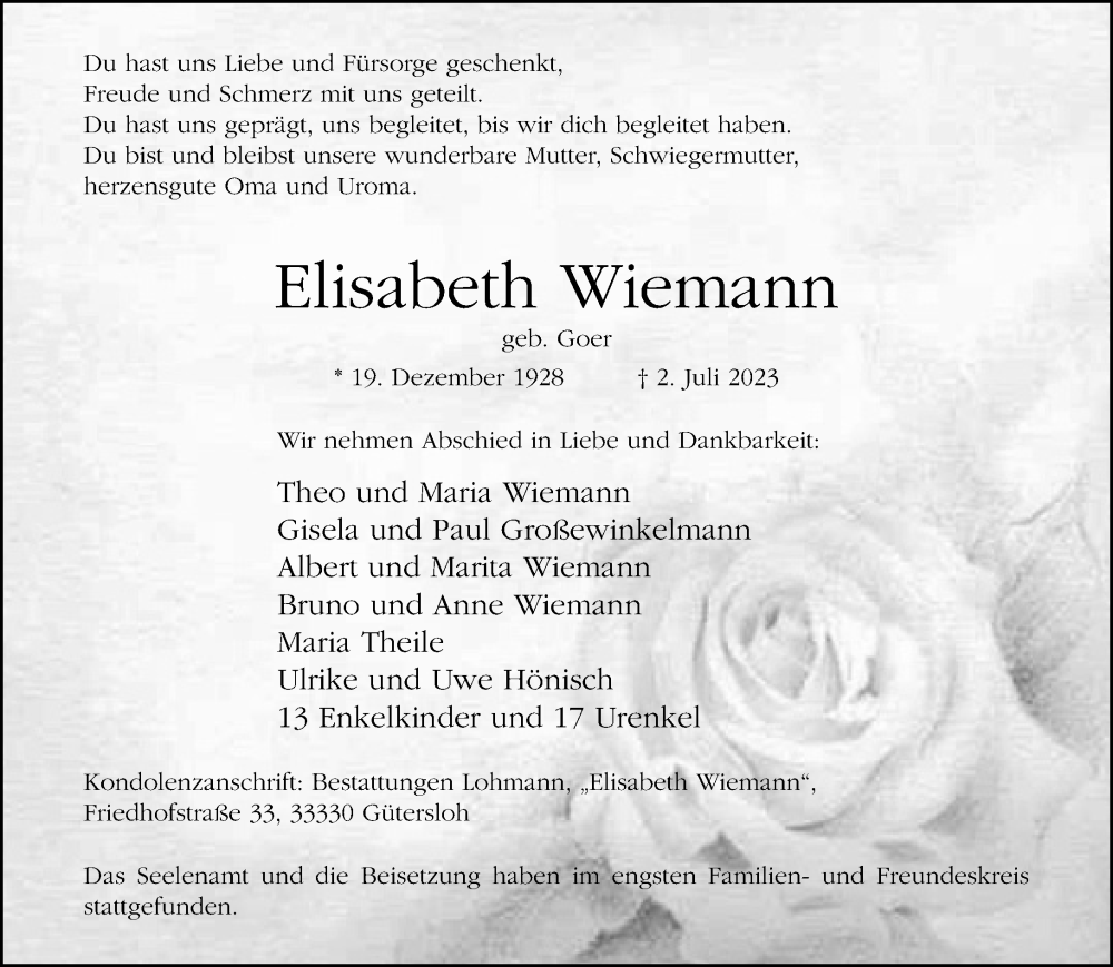 Traueranzeige für Elisabeth Wiemann vom 10.07.2023 aus Neue Westfälische