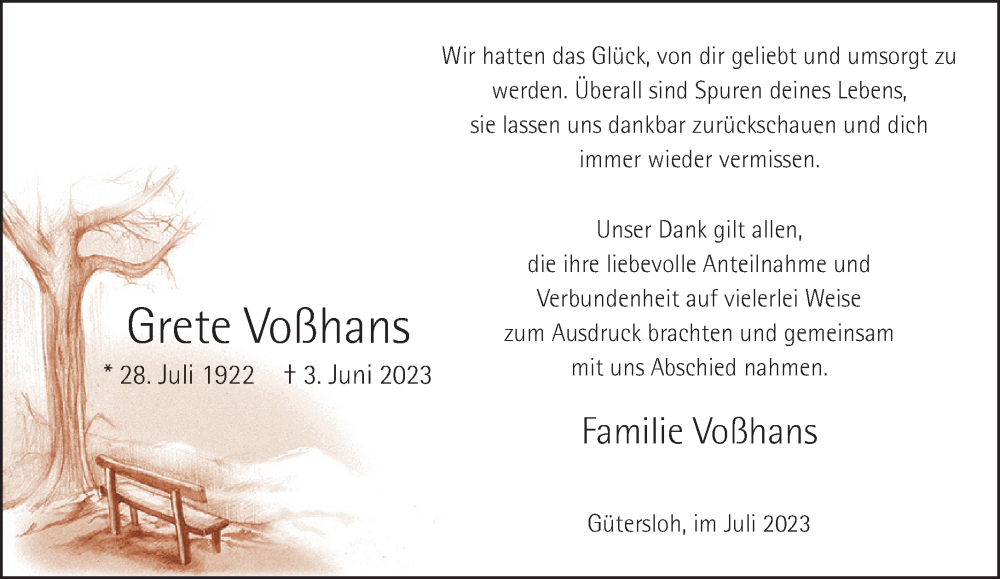  Traueranzeige für Grete Voßhans vom 08.07.2023 aus Neue Westfälische