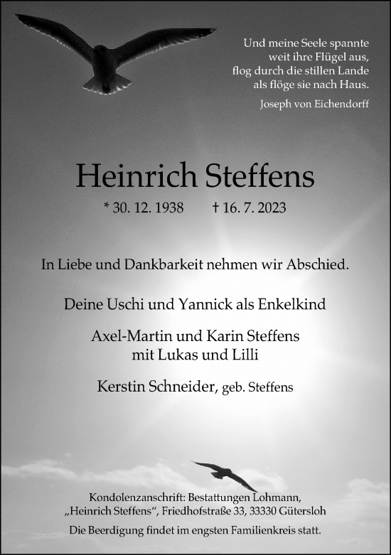Traueranzeige von Heinrich Steffens von Neue Westfälische