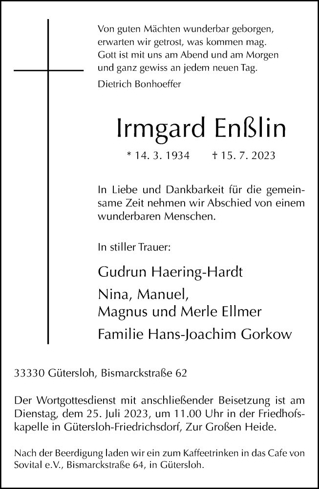  Traueranzeige für Irmgard Enßlin vom 19.07.2023 aus Neue Westfälische