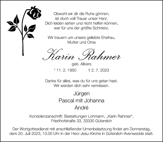 Traueranzeige von Karin Rahmer von Neue Westfälische
