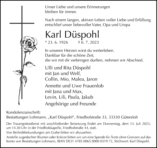 Traueranzeige von Karl Düspohl von Neue Westfälische