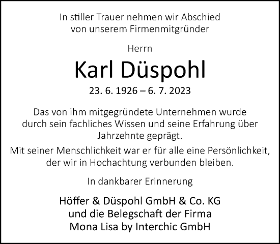 Traueranzeige von Karl Düspohl von Neue Westfälische
