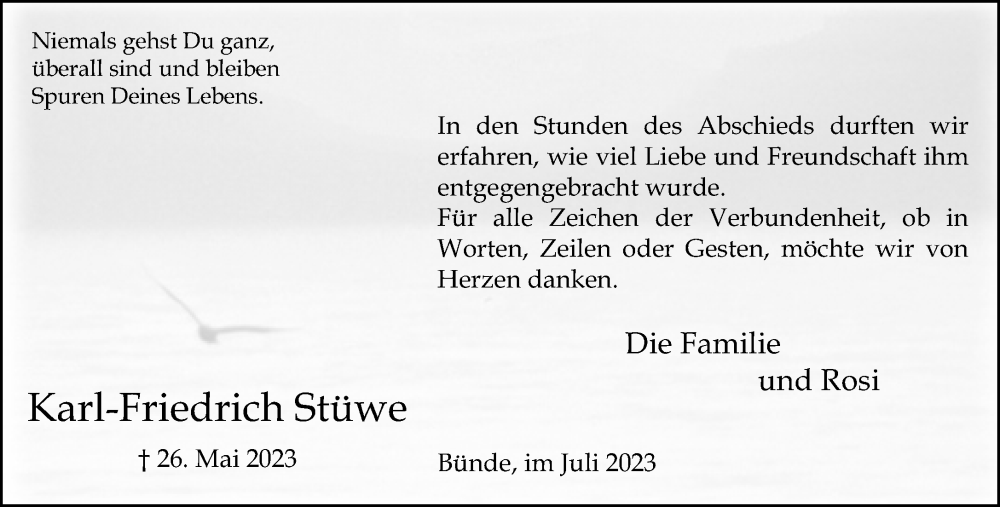  Traueranzeige für Karl-Friedrich Stüwe vom 19.07.2023 aus Neue Westfälische