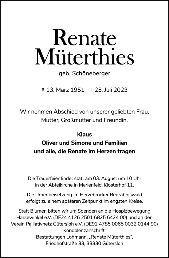 Traueranzeige von Renate Müterthies von Neue Westfälische