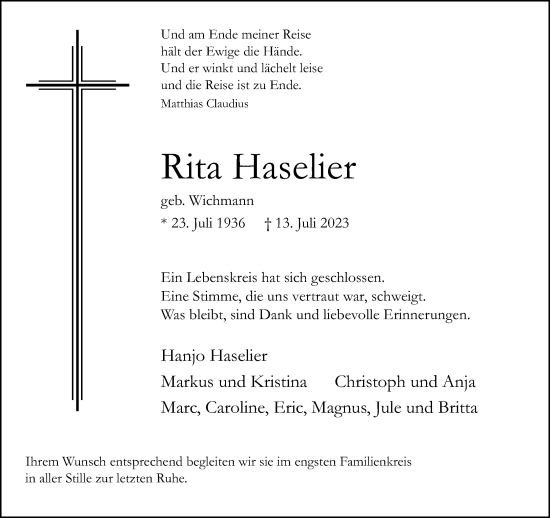 Traueranzeige von Rita Haselier von Neue Westfälische