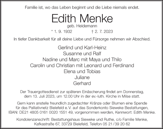 Traueranzeige von Edith Menke 