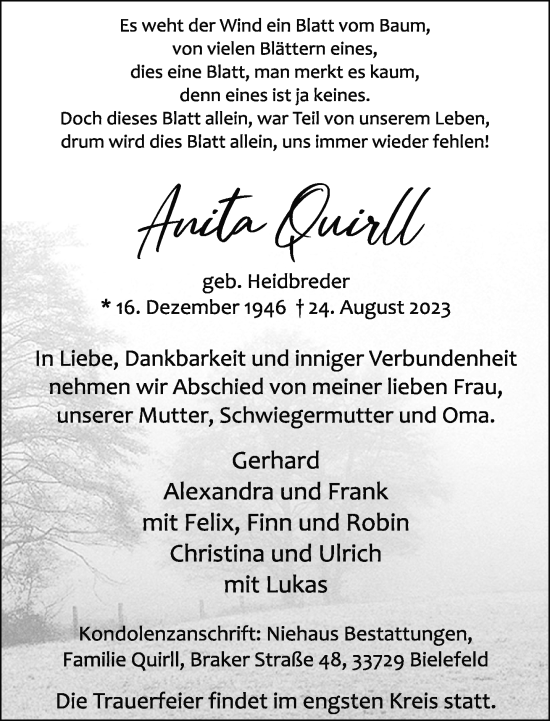 Traueranzeige von Anita Quirll von Neue Westfälische