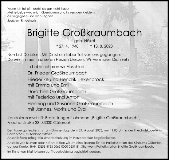 Traueranzeige von Brigitte Großkraumbach von Neue Westfälische