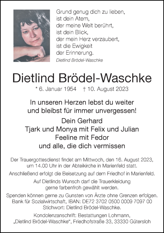 Traueranzeige von Dietlind Brödel-Waschke von Neue Westfälische