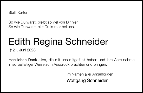 Traueranzeige von Edith Regina Schneider von Neue Westfälische