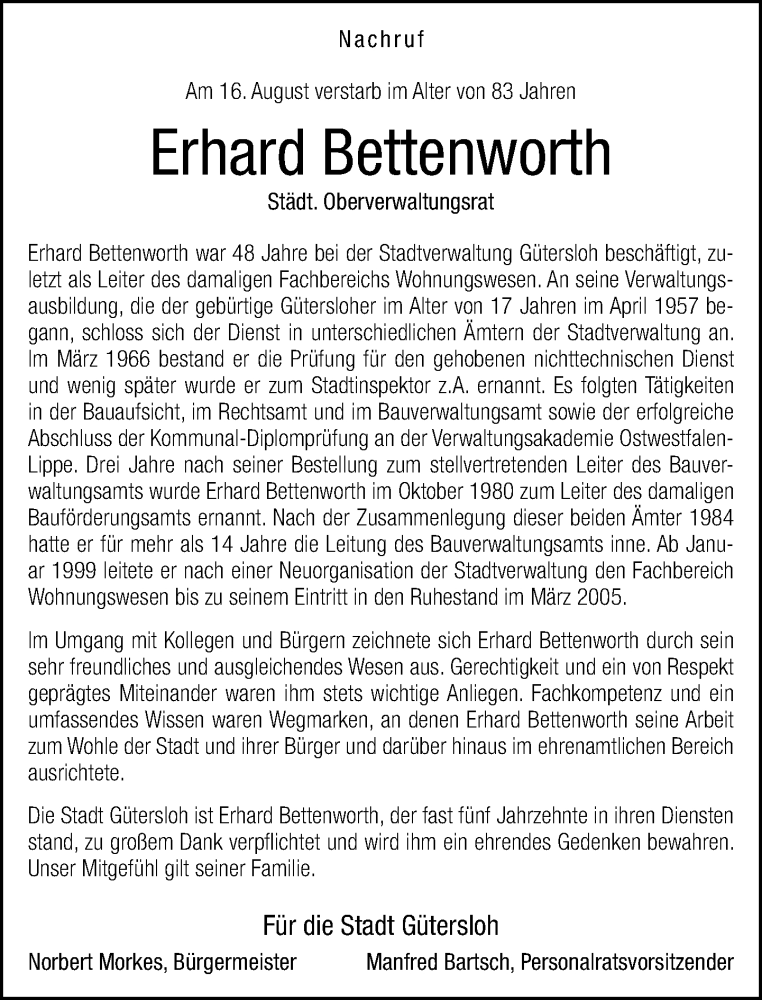  Traueranzeige für Erhard Bettenworth vom 19.08.2023 aus Neue Westfälische