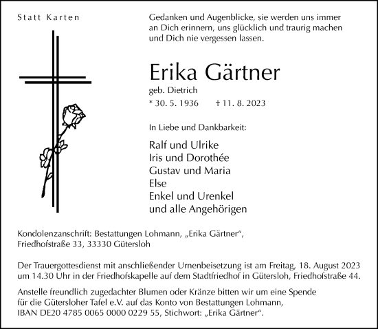 Traueranzeige von Erika Gärtner von Neue Westfälische