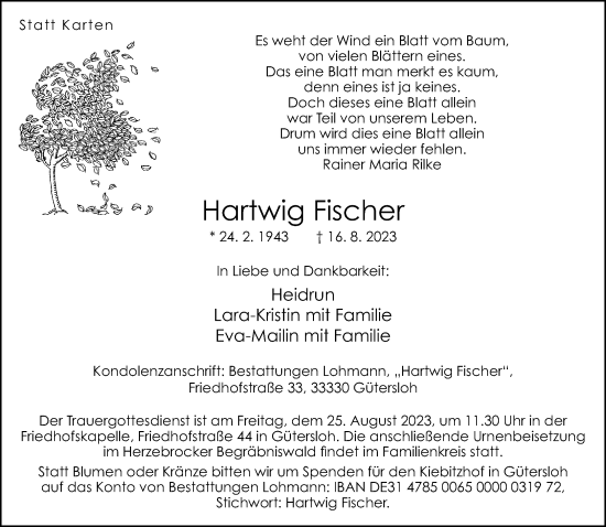 Traueranzeige von Hartwig Fischer von Neue Westfälische