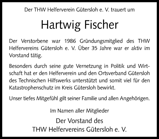 Traueranzeige von Hartwig Fischer von Neue Westfälische