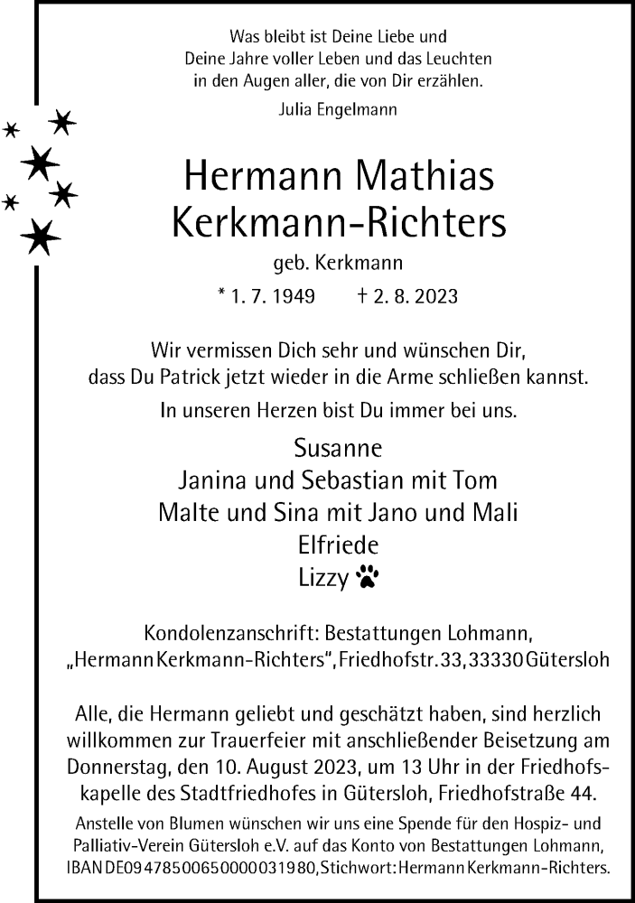 Traueranzeige für Hermann Mathias Kerkmann-Richters vom 09.08.2023 aus Neue Westfälische