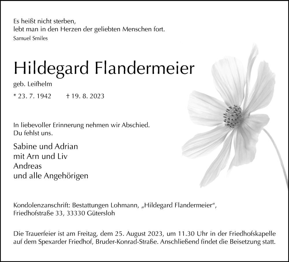  Traueranzeige für Hildegard Flandermeier vom 23.08.2023 aus Neue Westfälische