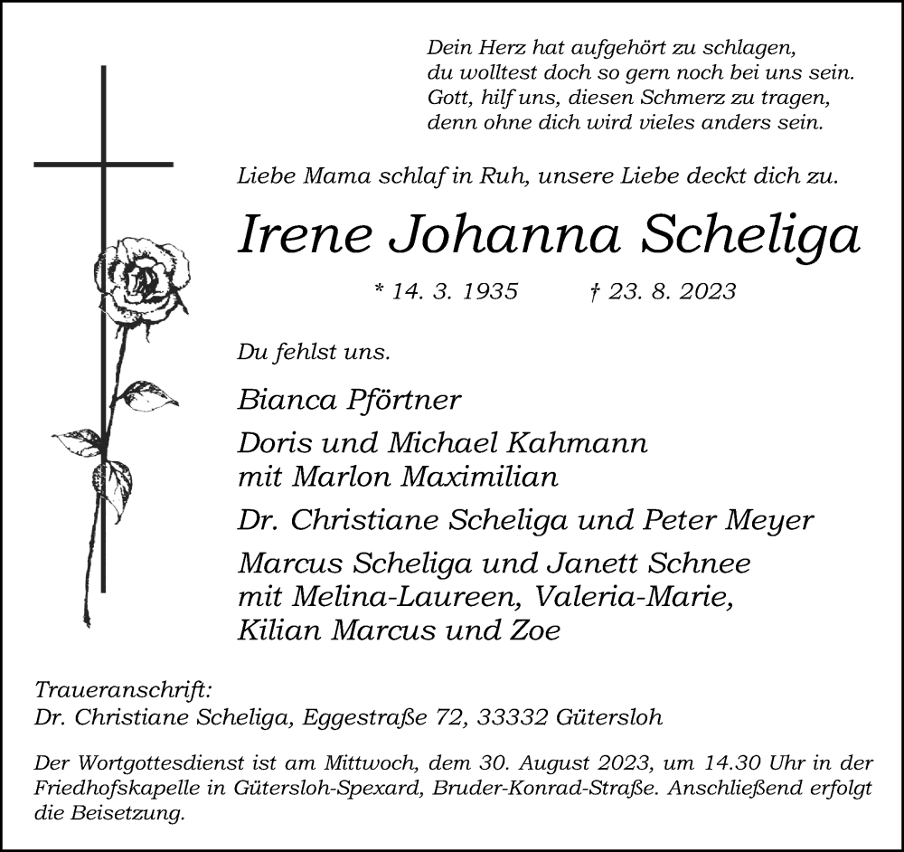  Traueranzeige für Irene Johanna Scheliga vom 26.08.2023 aus Neue Westfälische